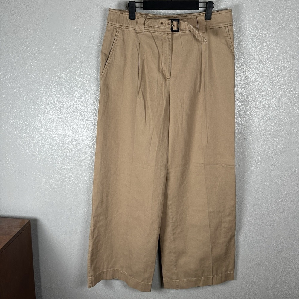 NEW ANN TAYLOR Belted Wide Leg Pants Womens Size 8 Khaki Tan 100% Cotton Pleated